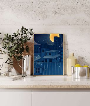 Night Urban Skyline Under a Starry Sky with Bright Full Moon