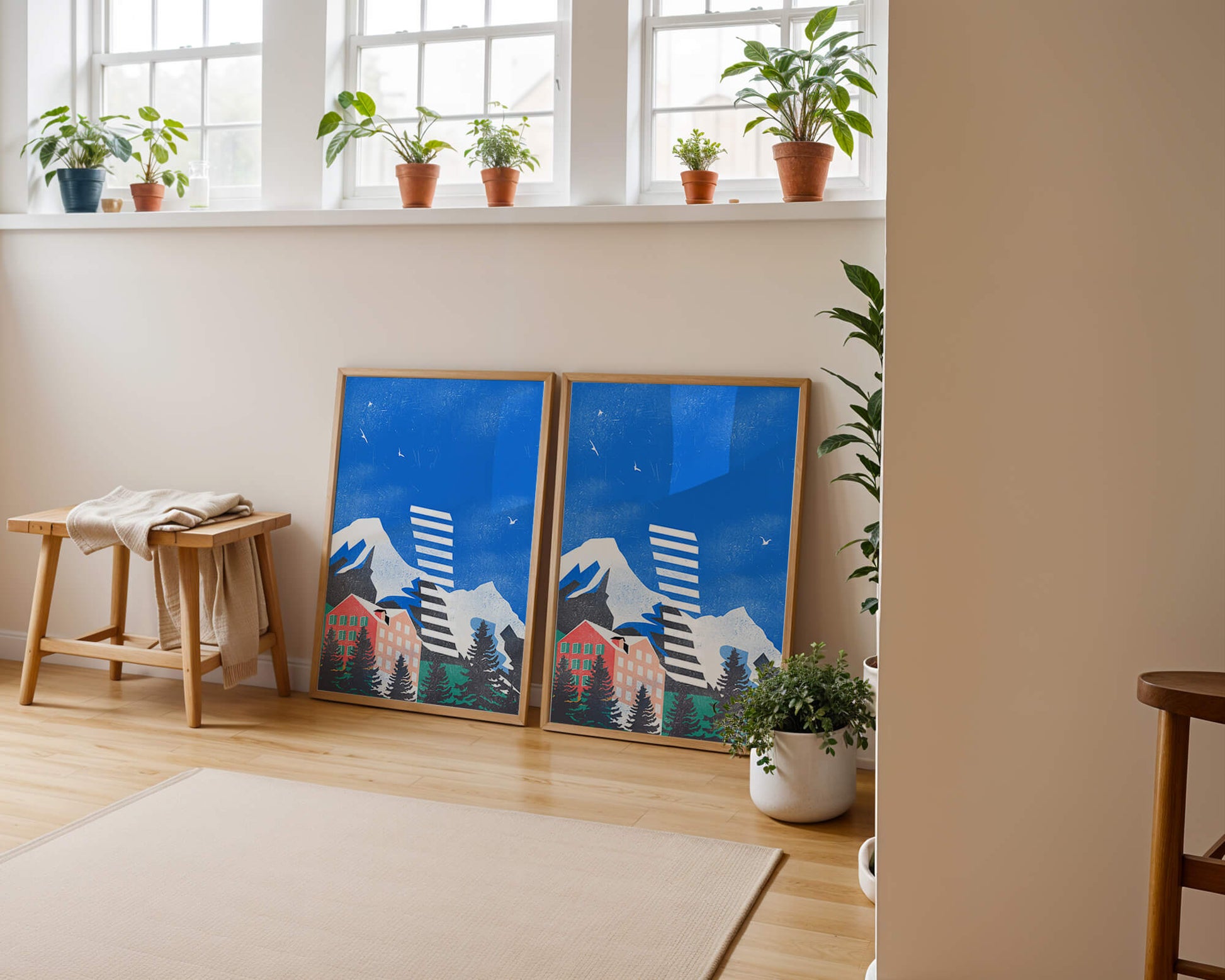 Mountain Resort in a Vibrant Landscape with Blue Sky and Birds