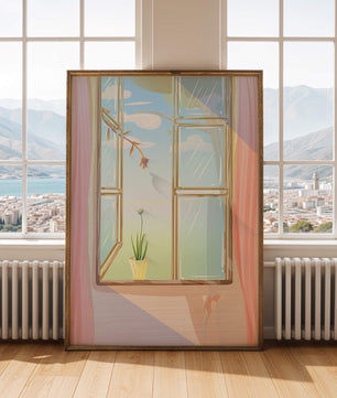 Tranquil open window with floral view and gentle sunlight
