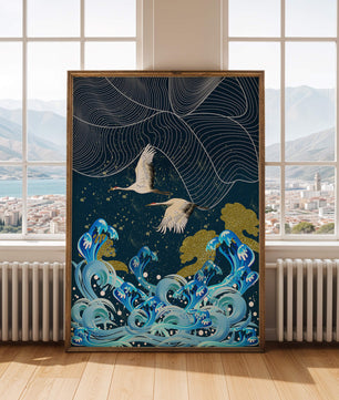 Grullas elegantes volando sobre olas doradas y un océano artístico