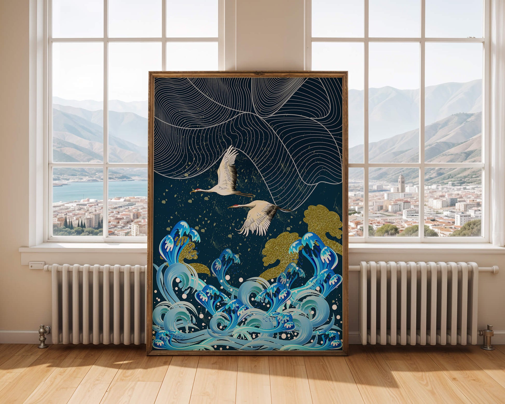 Elegant Cranes Flying Over Golden Waves and Artistic Ocean