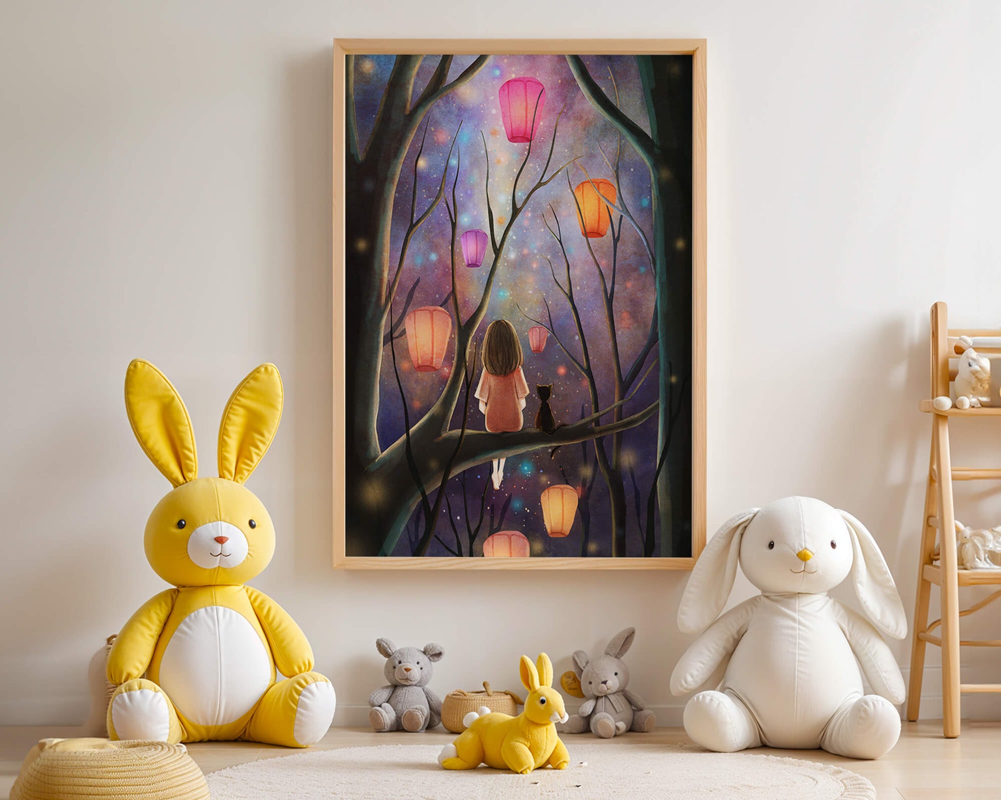 Scène nocturne enchanteresse avec des lanternes et une fille dans la forêt