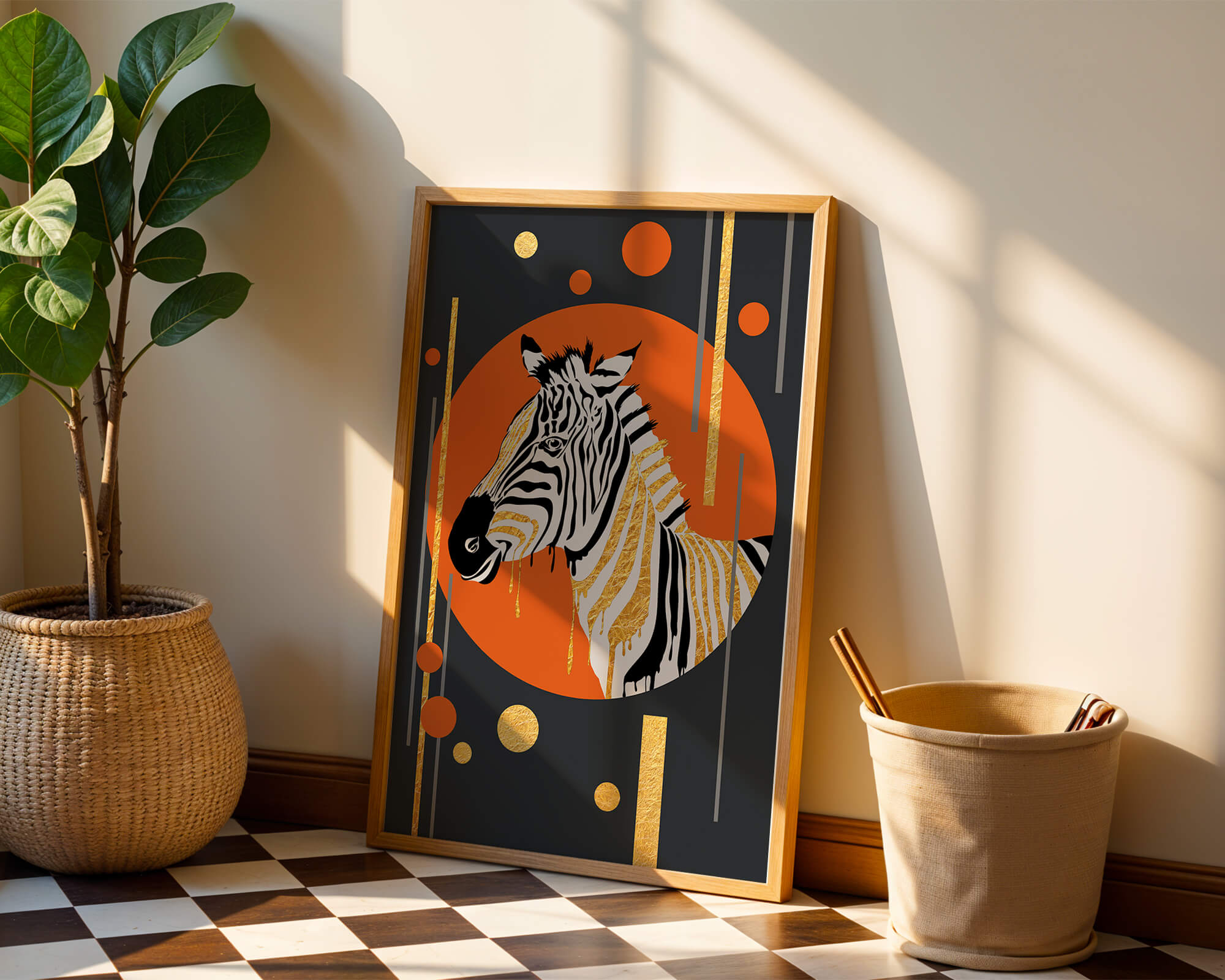 Modern zebra art with golden accents on abstract background