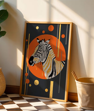 Arte moderno de cebra con acentos dorados sobre fondo abstracto