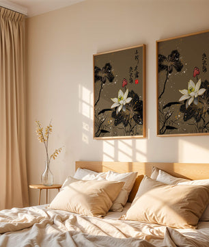 Elegant oriental floral art with gold accents and calligraphy