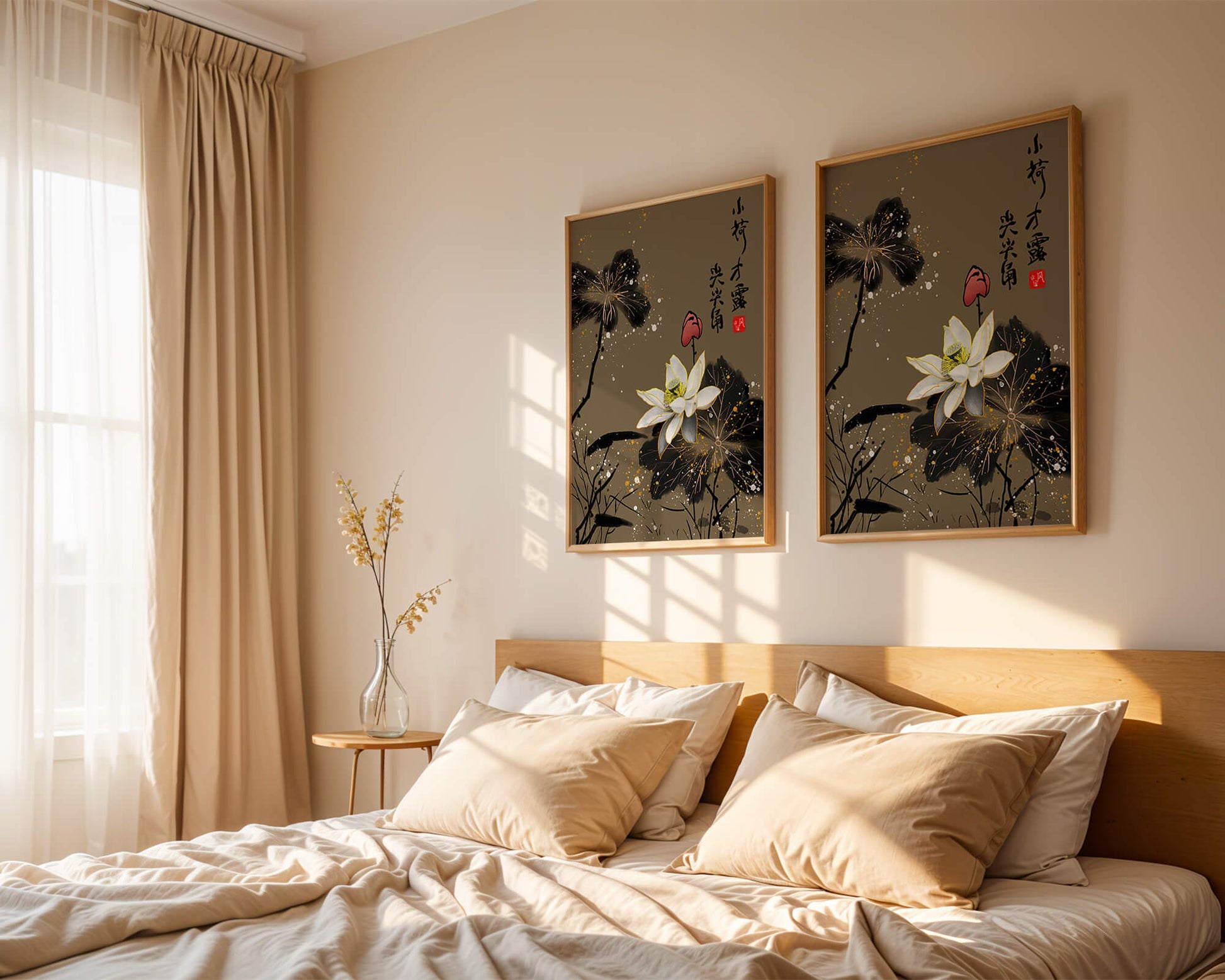 Elegant oriental floral art with gold accents and calligraphy