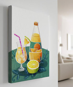 Ilustración colorida de bebidas cítricas con botella y vaso