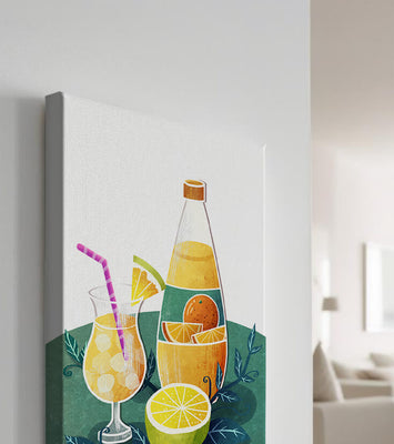 Colorful illustration of citrus drinks with bottle and glass