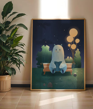 Ilustración nocturna acogedora con una criatura leyendo bajo un cielo estrellado