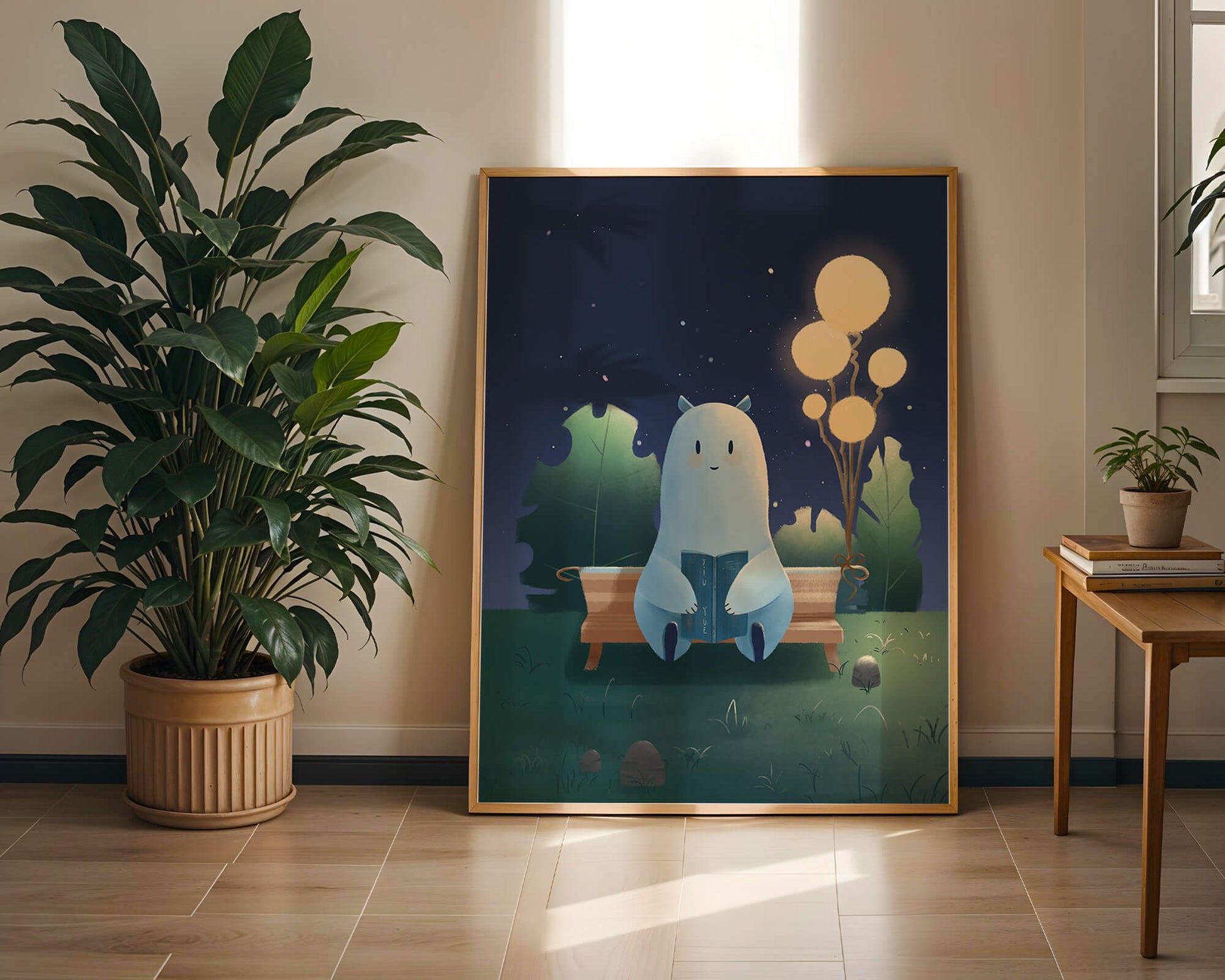 Cozy nighttime illustration with a creature reading under starry sky