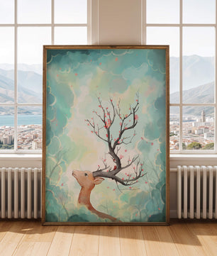 Ciervo surrealista con ramas como cuernos sobre fondo nublado en tonos pastel