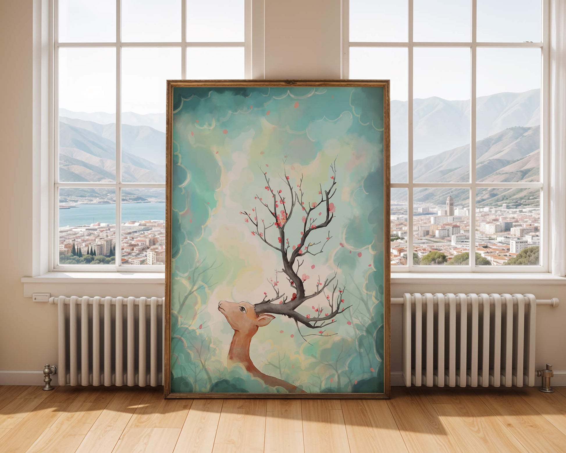Surreal deer with branches for antlers in a pastel cloudy background