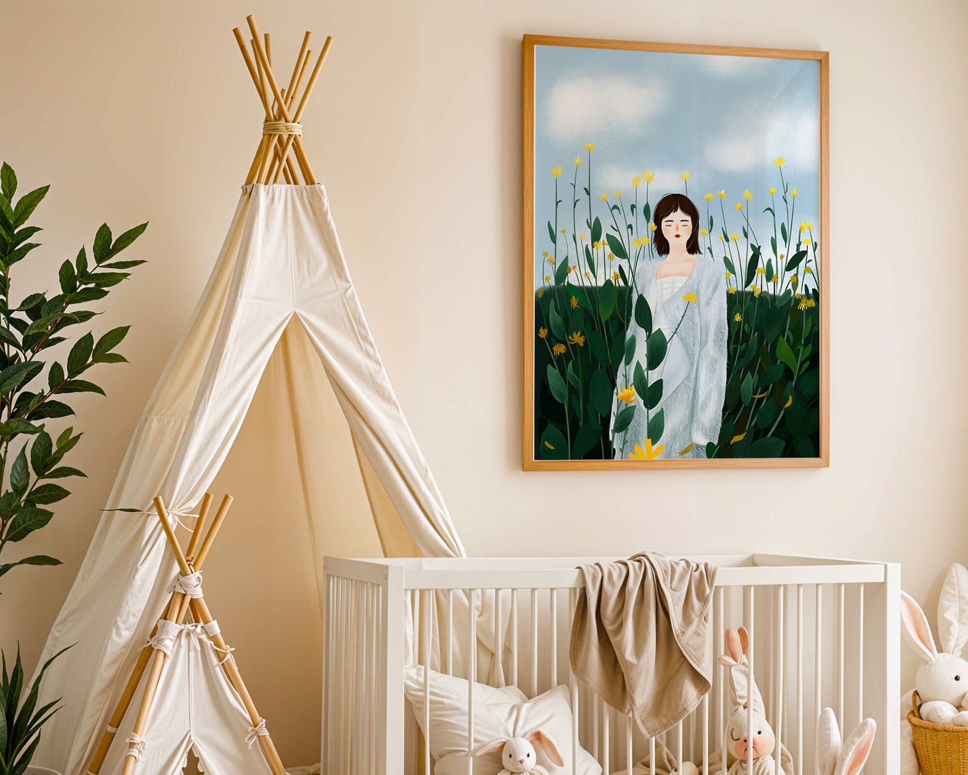Mujer con abrigo blanco entre flores amarillas