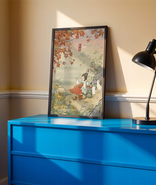 Traditional Chinese painting with autumn scenery and lady sipping tea