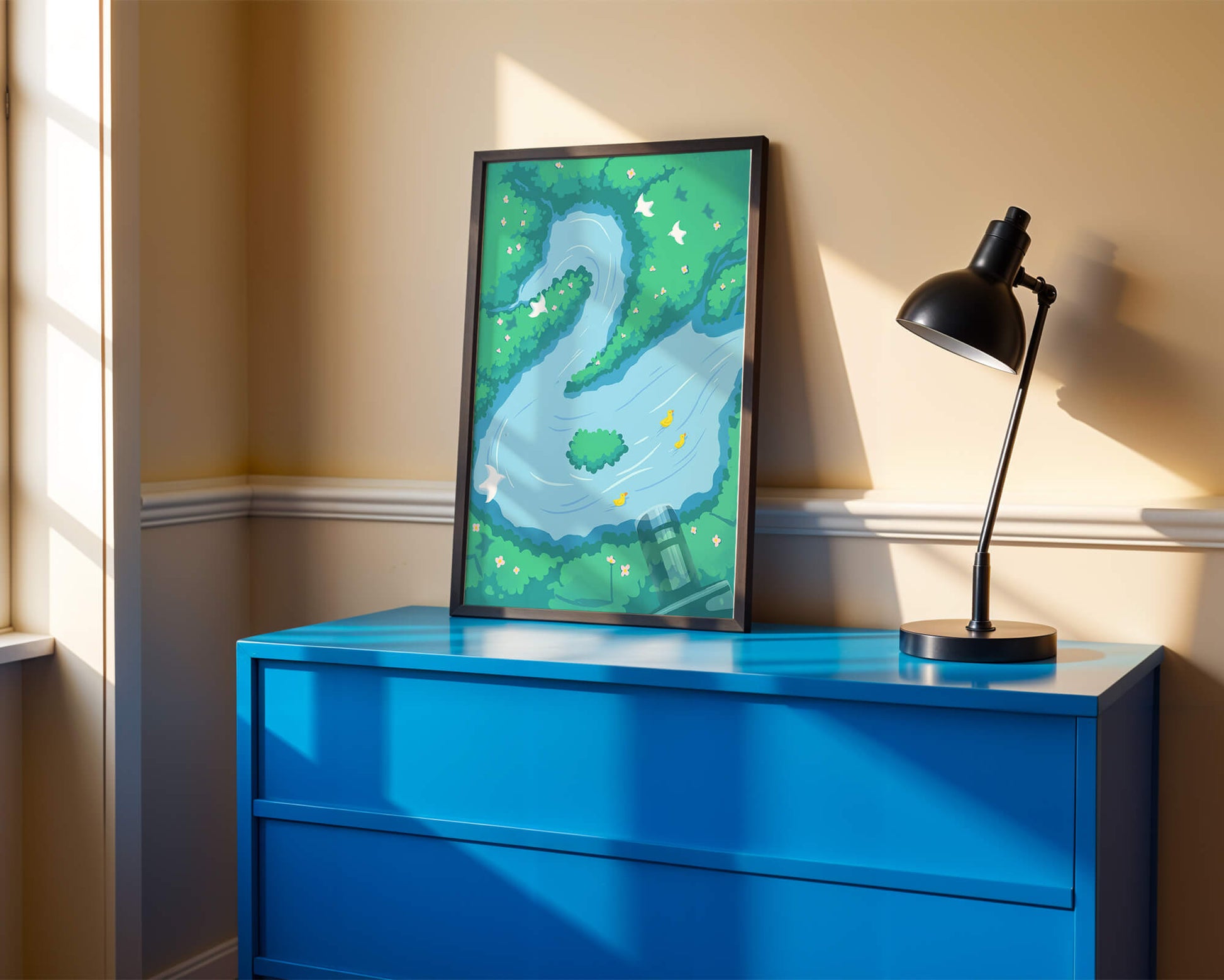 Río sereno con patos y aves en un paisaje exuberante