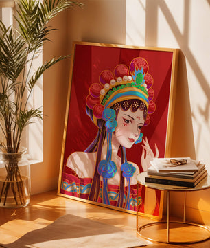 Traditional Asian art depicting stylized woman with ornate headdress