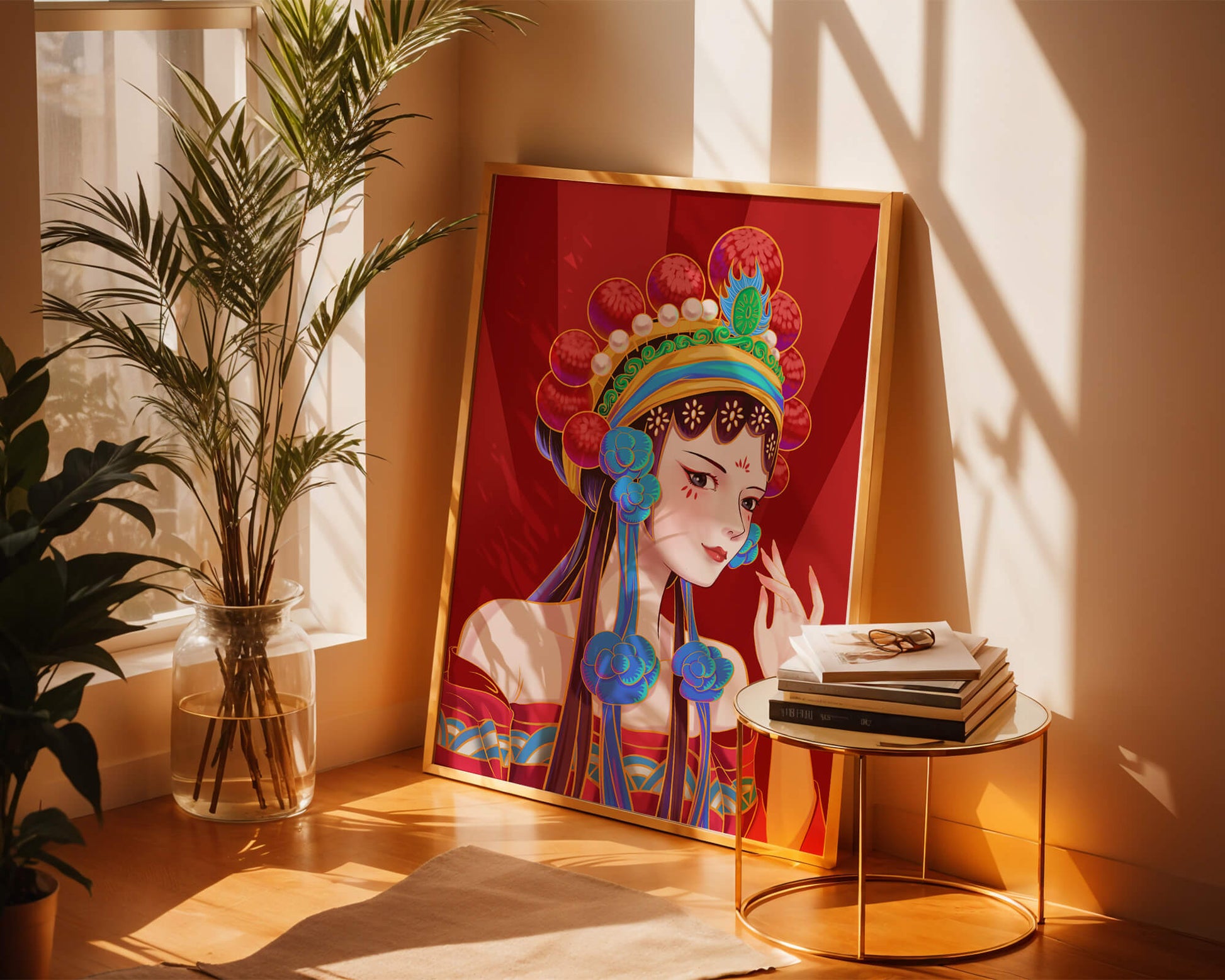Traditional Asian art depicting stylized woman with ornate headdress