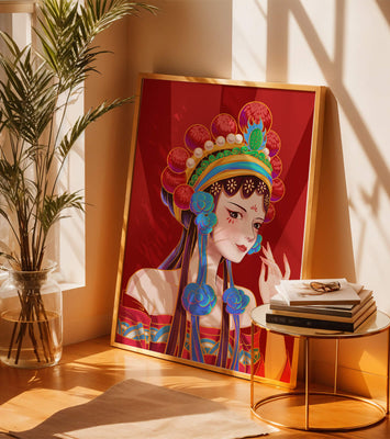 Traditional Asian art depicting stylized woman with ornate headdress