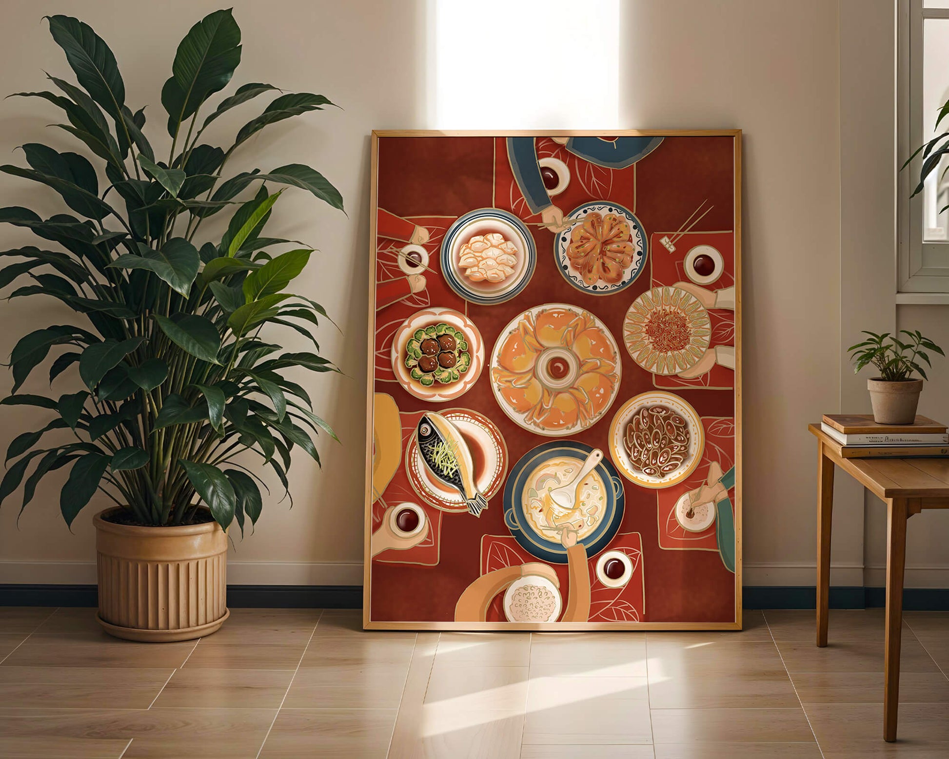 Colorful Chinese cuisine on a dining table with traditional dishes