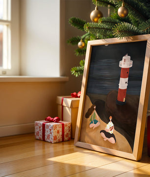 Peaceful Beach Scene with Lighthouse at Night