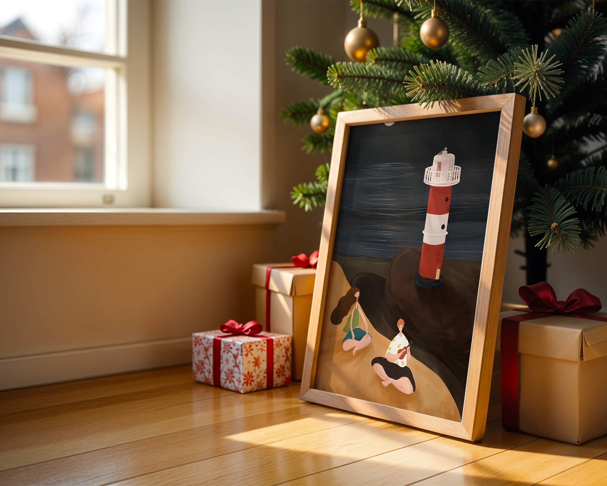 Escena de playa tranquila con faro por la noche