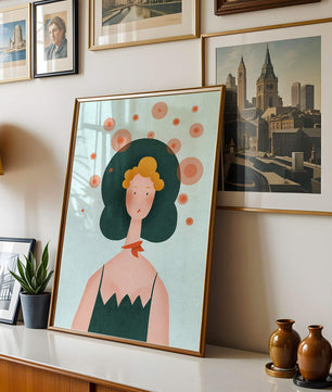 Whimsical Portrait of a Woman with Green Hair and Abstract Circles - Mi tienda