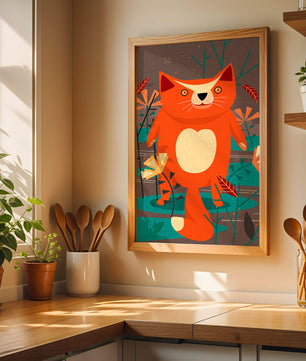 Illustration Of A Cute Orange Cat Surrounded By Stylized Trees And Plants