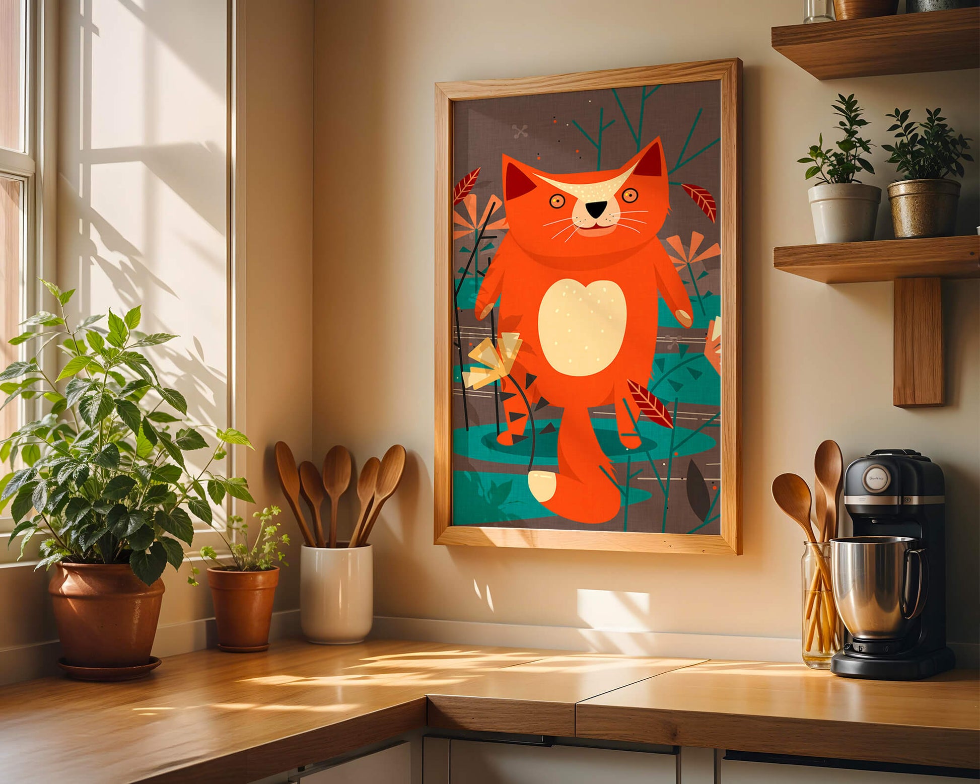 Illustration Of A Cute Orange Cat Surrounded By Stylized Trees And Plants