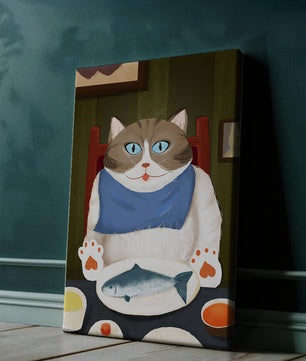 Ilustración de un gato comiendo con pescado y babero azul