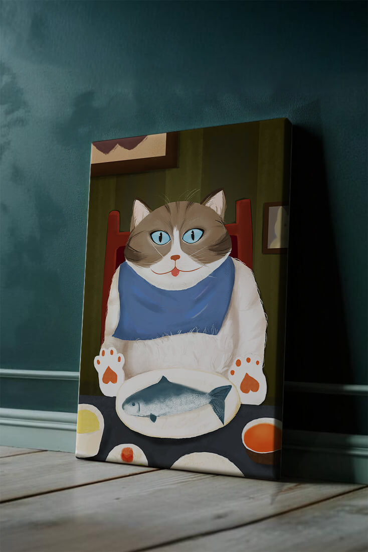 Ilustración de un gato comiendo con pescado y babero azul