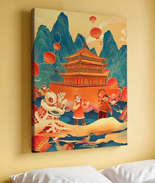 Traditionelles chinesisches Fest mit Laternen und Löwentanz