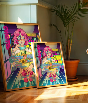 Mujer ciberpunk futurista con un ramo de flores en un paisaje urbano de neón