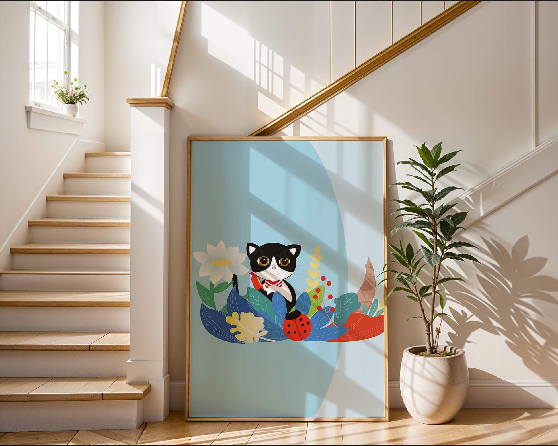 Ilustración de un gato con mariquita y flores sobre fondo azul claro