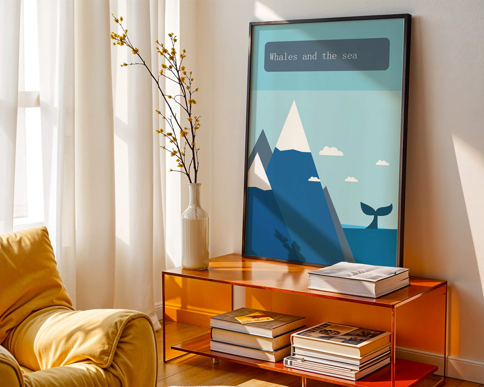 Whale and mountain illustration with sea and sky background