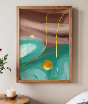 Composición abstracta con elementos dorados sobre fondo turquesa y marrón