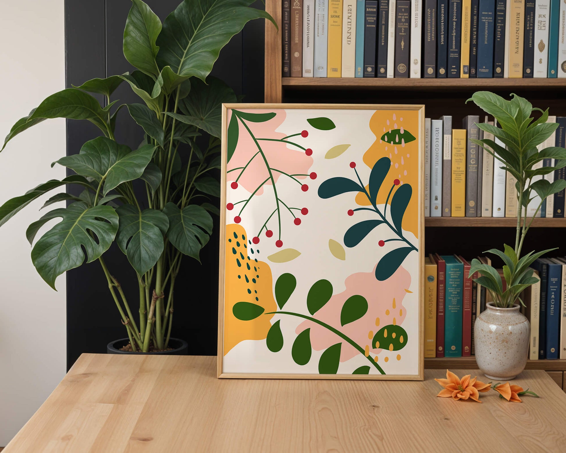 Abstract Floral Pattern with Bold Colors and Geometric Shapes