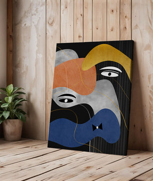 Abstract geometric art with bold colors and gold accents