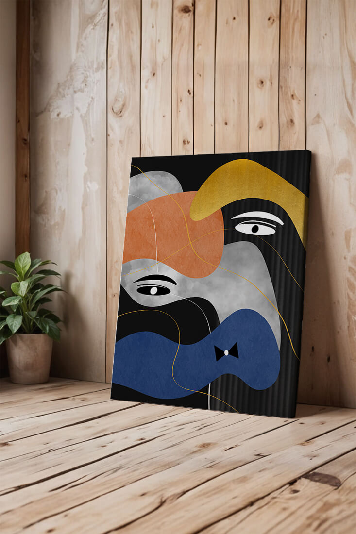 Abstract geometric art with bold colors and gold accents