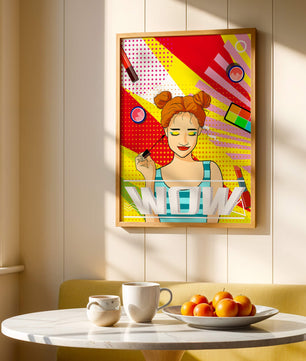 Ilustración de arte pop vibrante con una niña sonriente con maquillaje colorido y patrones audaces