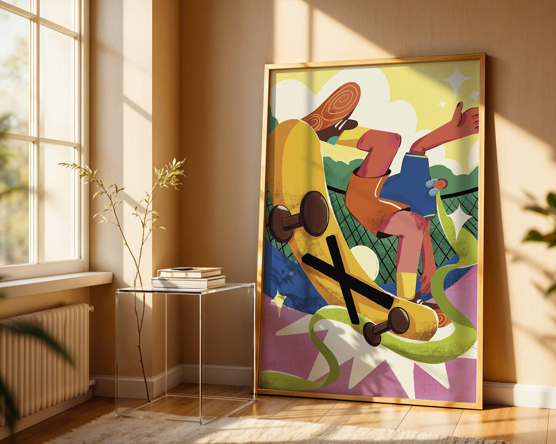 Ilustración abstracta colorida con un skater en movimiento dinámico