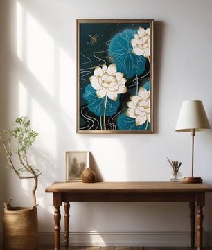 Elegant lotus flowers with dragonflies on a starry night background