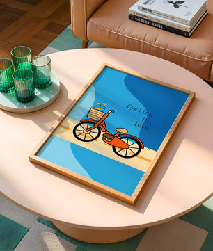 Bicicleta colorida con un regalo en la cesta sobre fondo azul