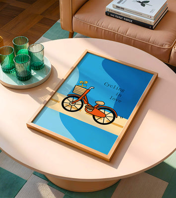 Colorful bicycle with a gift in basket against blue background
