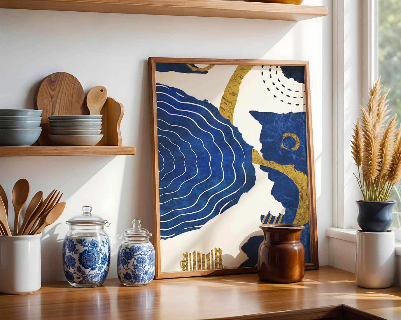 Diseño abstracto ondulado azul y dorado con patrones geométricos