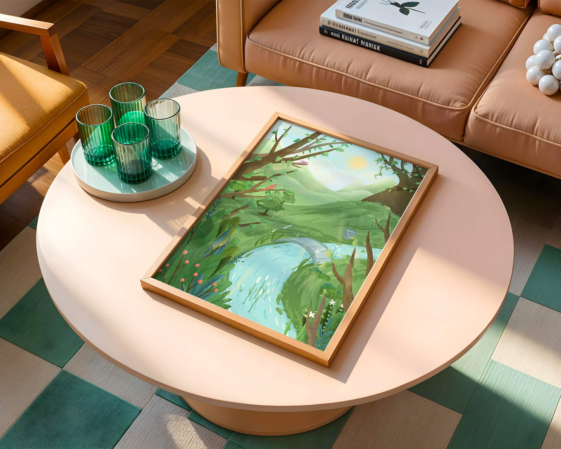 Paisaje sereno con aves y río bajo un cielo soleado