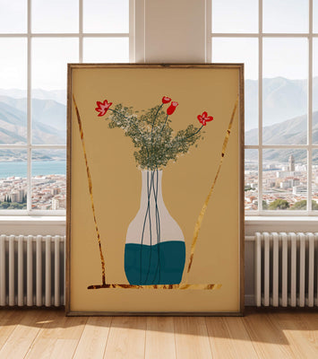 Vase with Red Flowers and Golden Accents