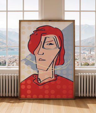 Abstract portrait with red hair and dotted background