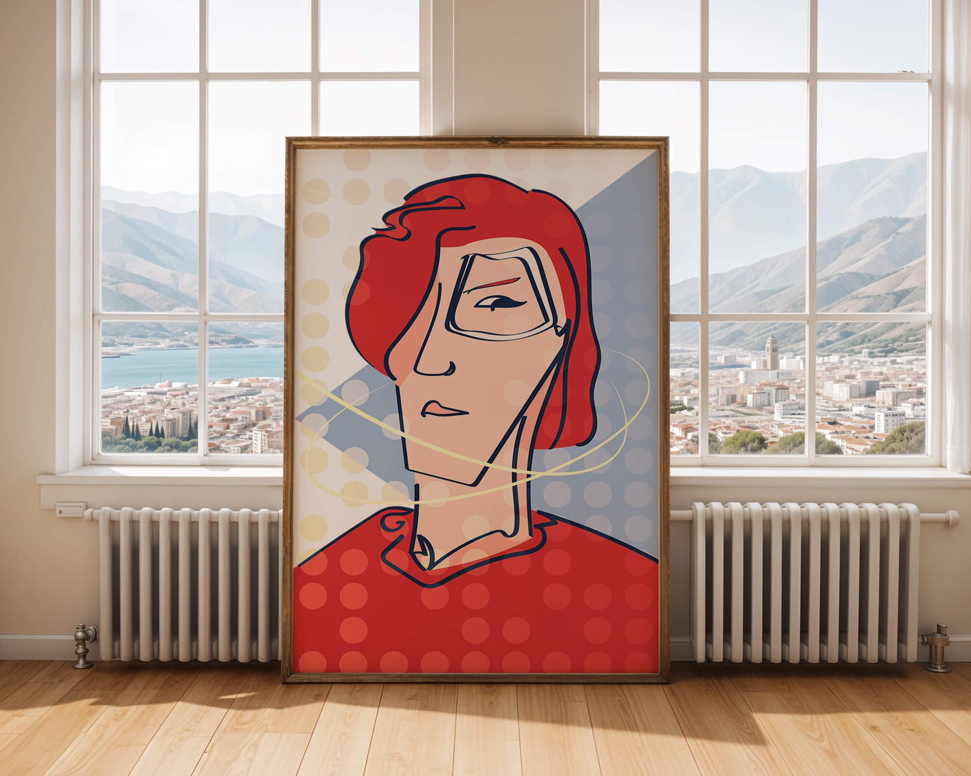 Retrato abstracto con cabello rojo y fondo punteado