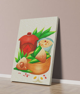 Illustrated traditional Chinese food with zongzi and rice wine