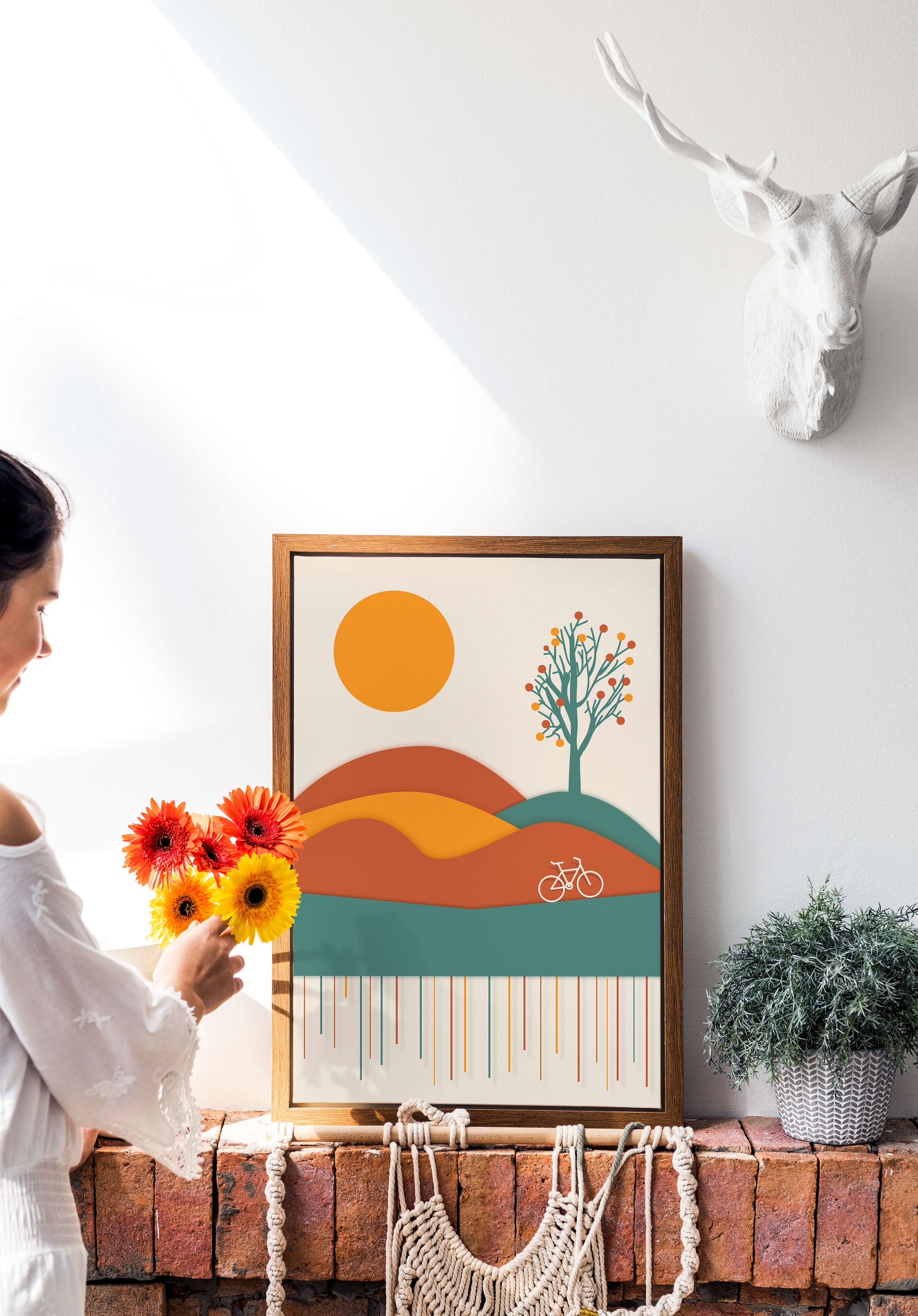 Abstract landscape with bicycle and tree in vibrant colors